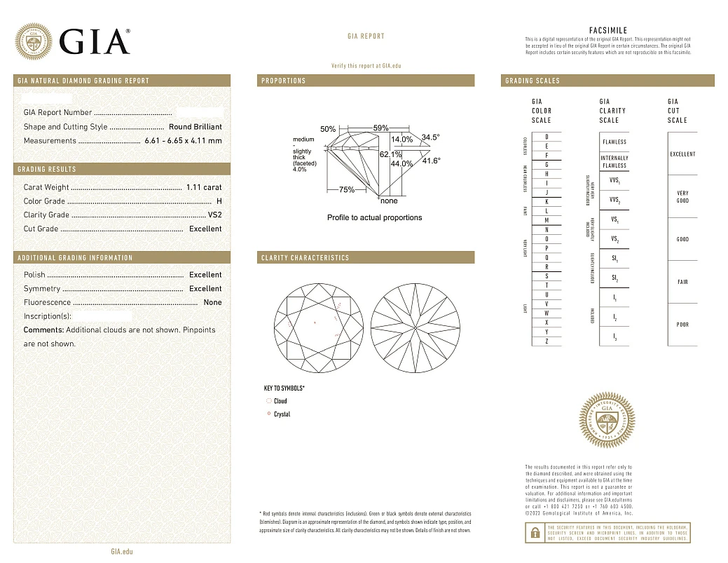Украшение GIA  Серьги 1,11/1,11 ct. H/VS2 (3 excellent) Round Diamonds   