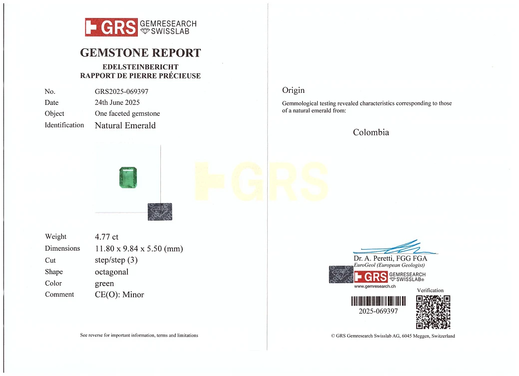 Украшение GRS GemResearch Swisslab  Кольцо с изумрудом 4,77 ct. Colombia   