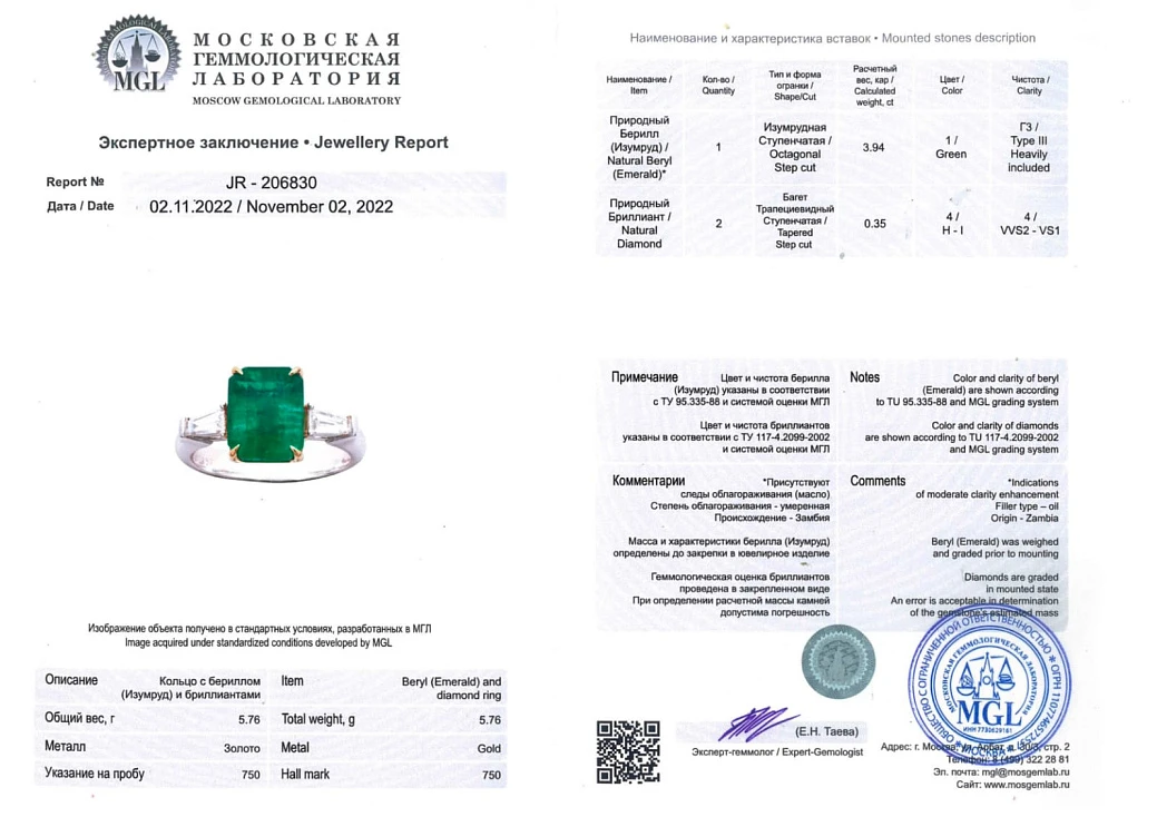 Украшение No Name  Кольцо с изумрудом 3,94 ct.   