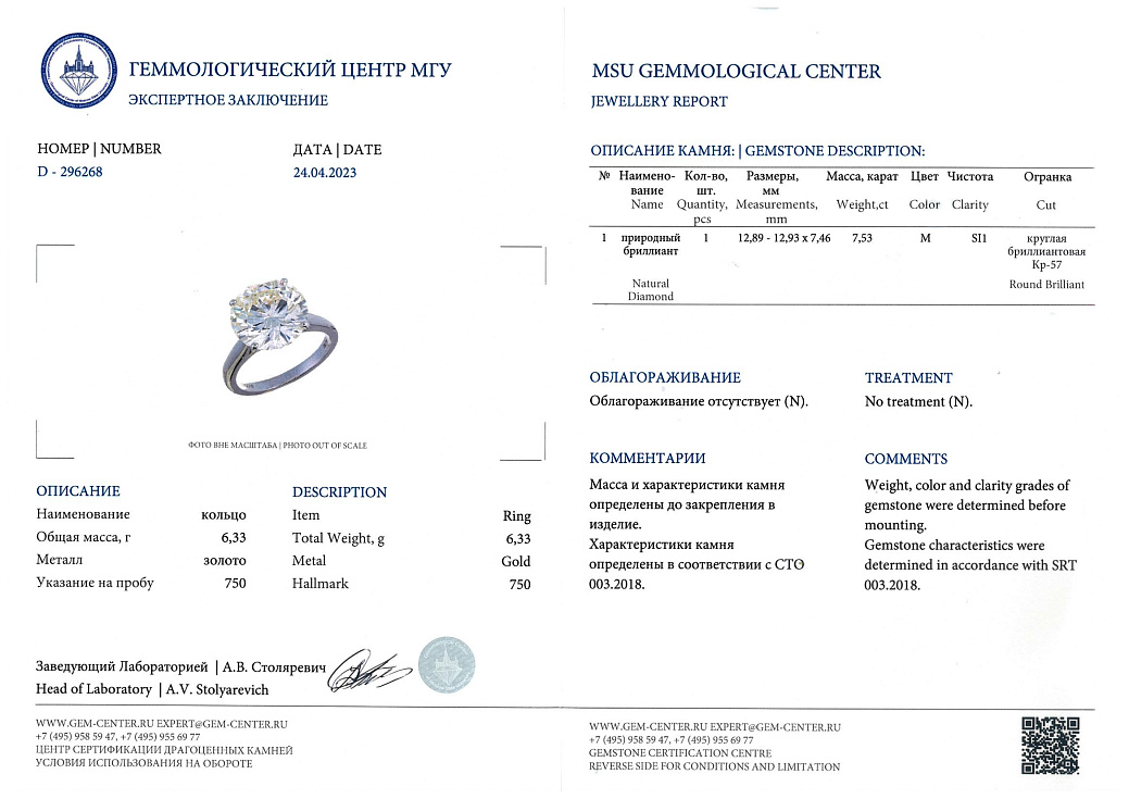 Украшение GIA  Кольцо С Бриллиантом 7,53 Ct. M/Si1   