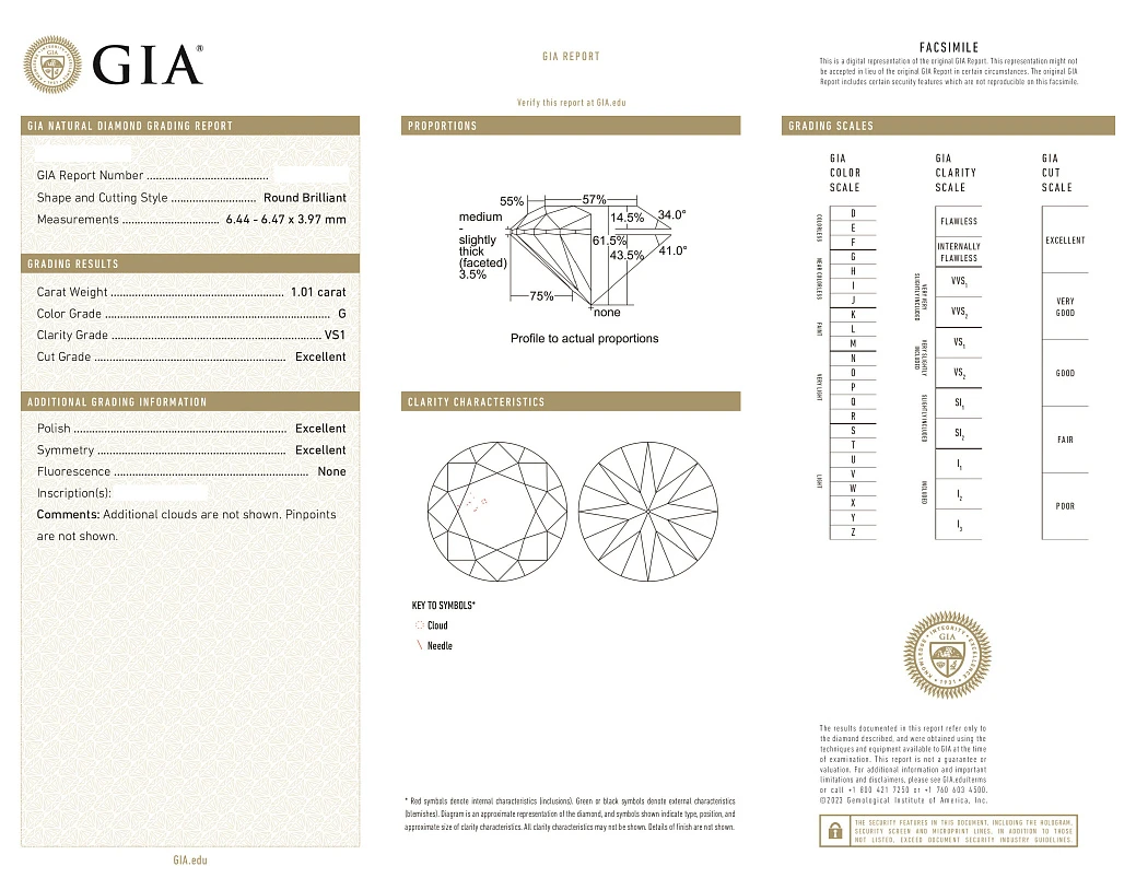 Украшение GIA  Серьги 1,01/1,02 ct. G/VS1 (3 Excellent)   