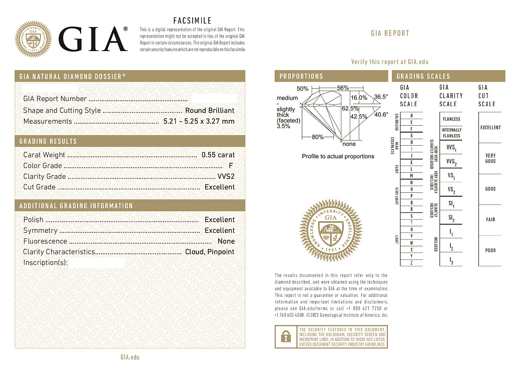 Украшение GIA  Серьги 0,55/0,55 ct. F/VVS2 (3 Excellent)   