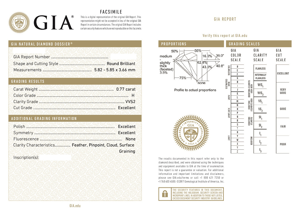 Украшение GIA  Подвеска с бриллиантом 0,77 ct. H/VVS2   