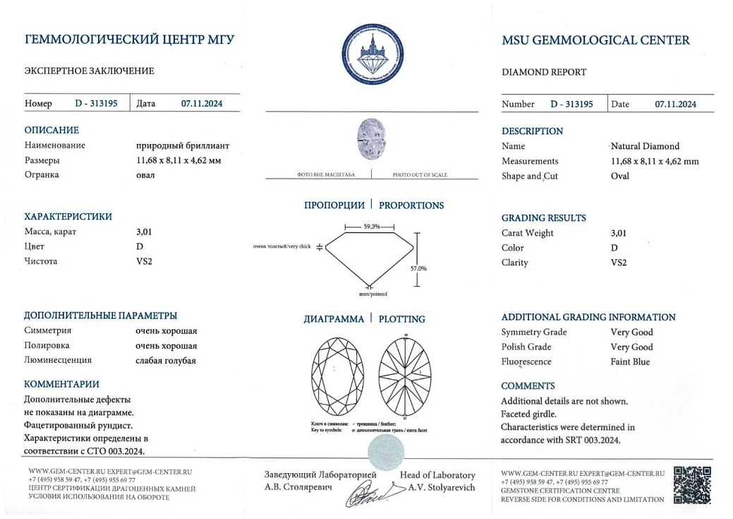 Украшение GIA  Кольцо с бриллиантом 3,01 ct. D/VS2   