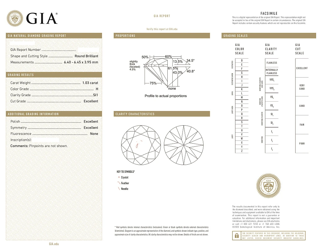 Украшение GIA  Серьги 1,03/1,03 ct. H/Si1 (3 Excellent) Round Diamonds   