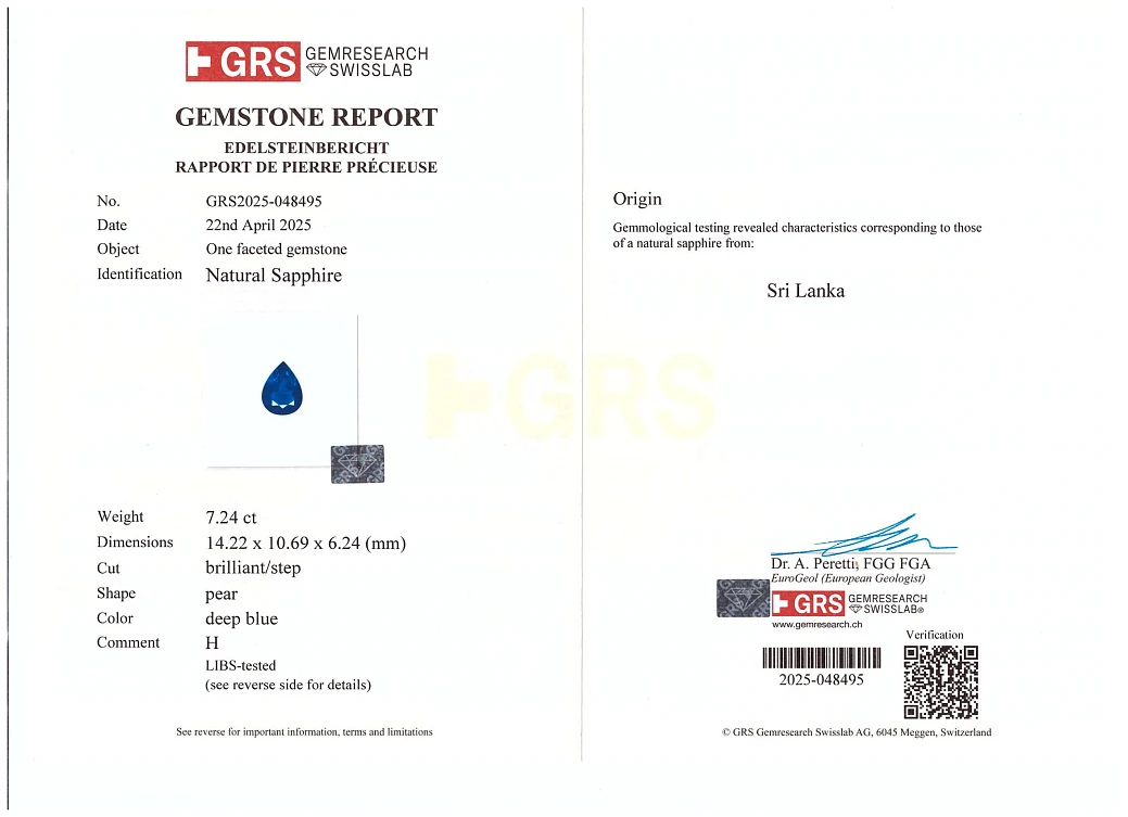 Украшение GRS GemResearch Swisslab  Колье с сапфиром 7,24 ct.   