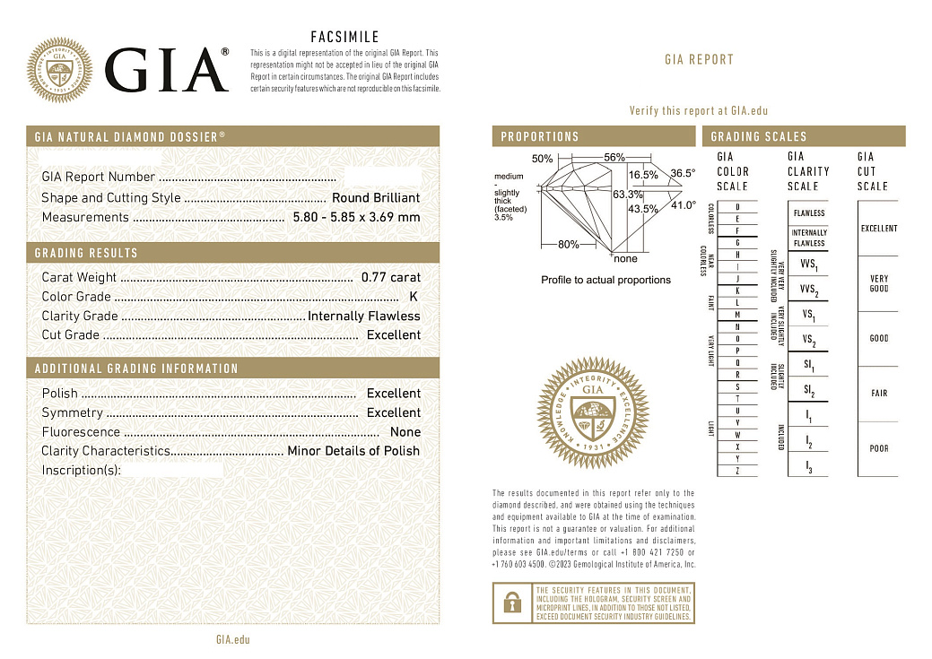 Украшение GIA  Подвеска с бриллиантом 0,77 ct. K/Internally Flawless (3 excellent)   