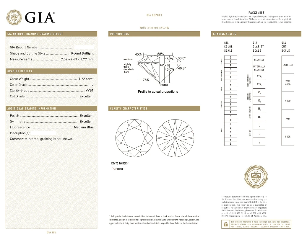 Украшение GIA  Кольцо с бриллиантом 1,72 ct. J/VVS1 (3 Excellent)   
