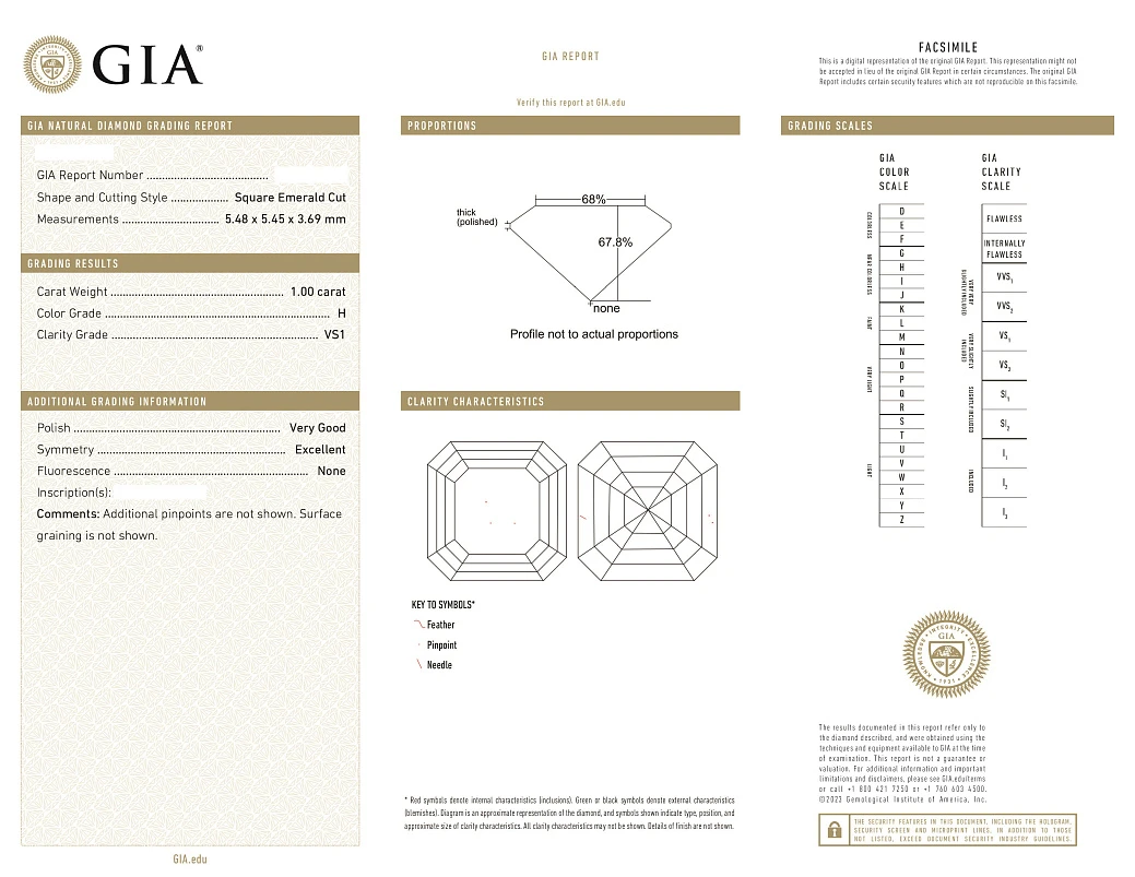Украшение GIA  Серьги 1,00/1,01 ct. H/VS1 (Asscher cut)   
