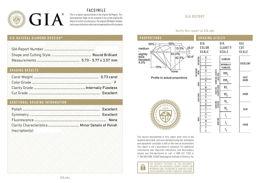 Украшение GIA  Серьги 0,73/0,73 ct. F/Internally Flawless "Round Diamond"   